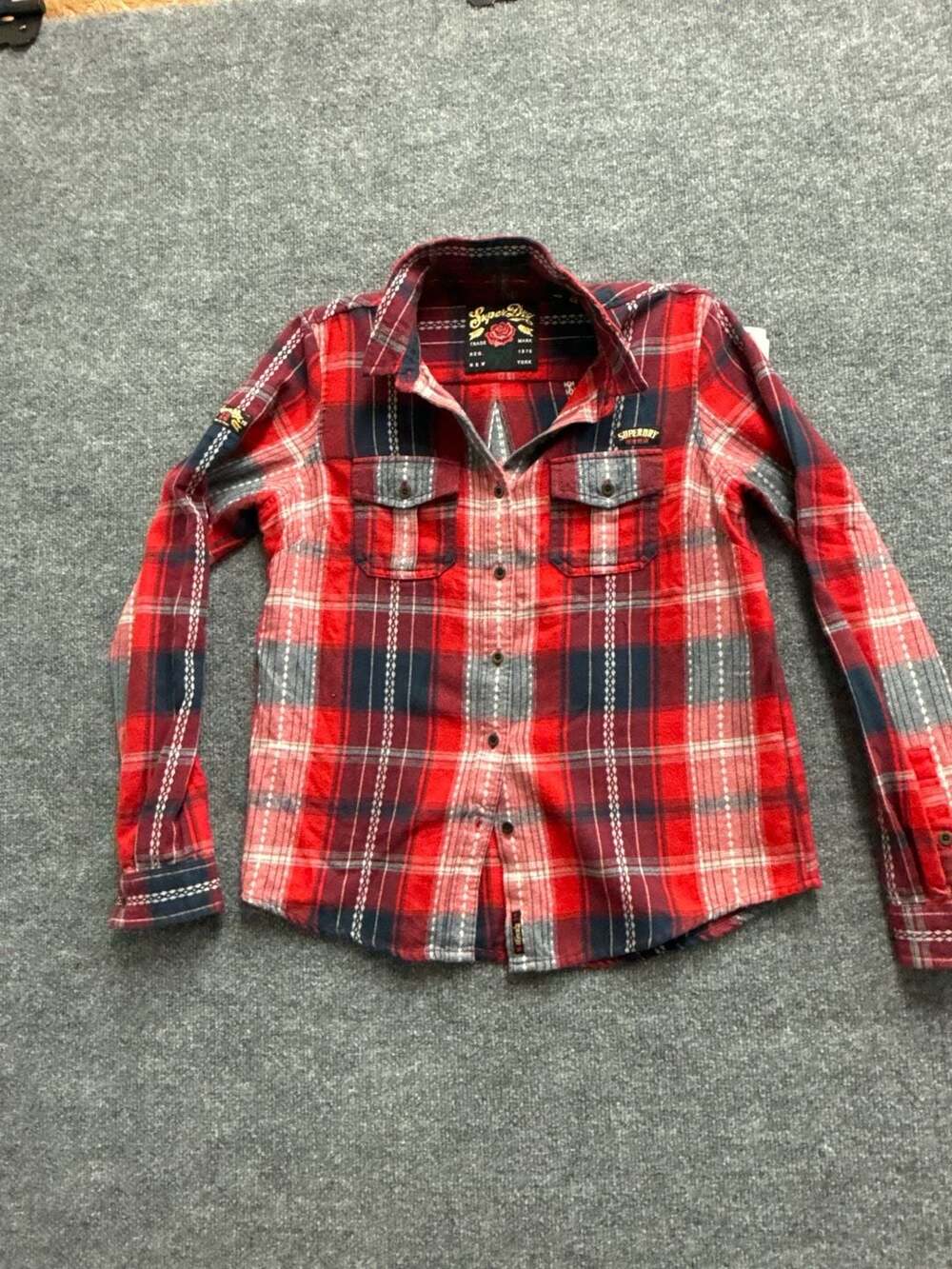 Superdry Women's Red and Navy Plaid Flannel Lumberjack Shirt Size US 8